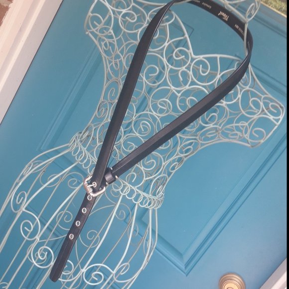 Genuine Leather Belt Thin Two Tone Black Suede Silver Metal Hardware - Picture 4 of 12